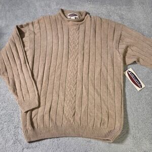 Pure & Simple Mens‎ L Sweater Tan Mock Neck Cable Knit Ribbed Cotton Wool Blend